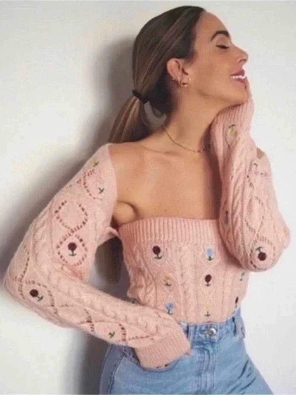 ZARA  POINTELLE KNIT ARM WARMERS FLORAL PINK Sweater Cottage Ballet Preppy
